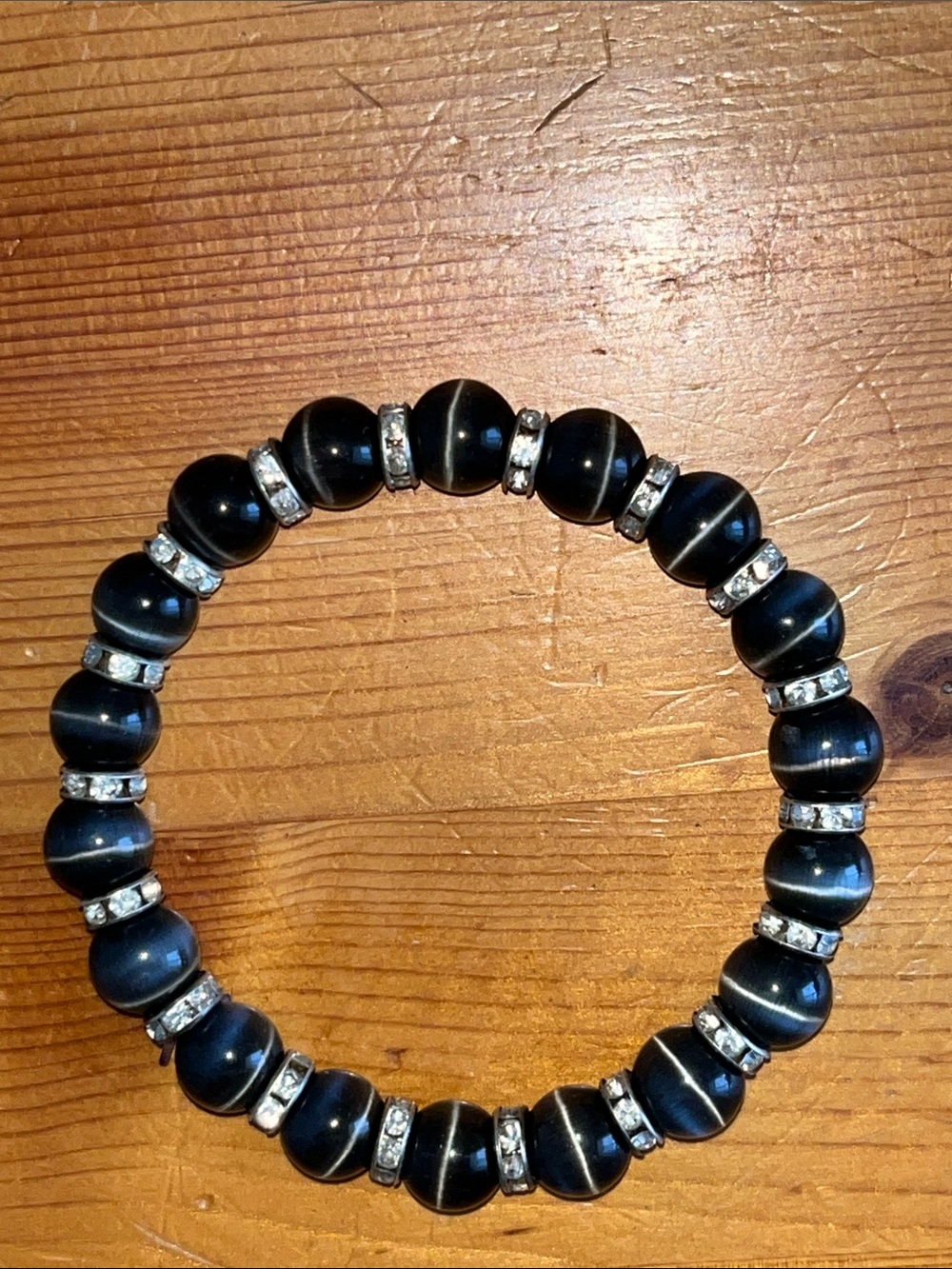 Black Gray Cats Eye Beaded Stretch Bracelet with Rhinestone Spacers NWT